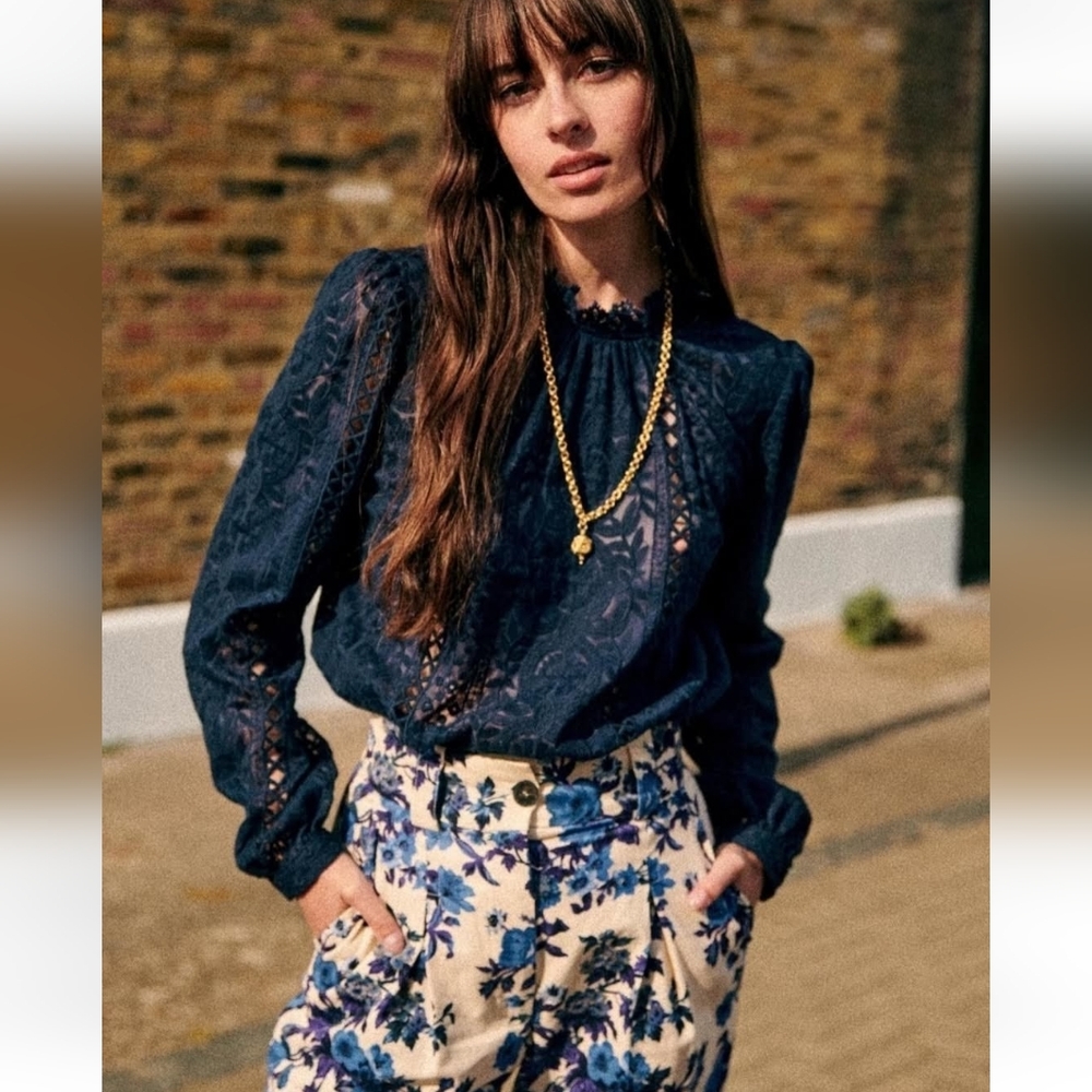 RARE Sezane Navy Lace Long-Sleeve Blouse - Picture 5 of 12